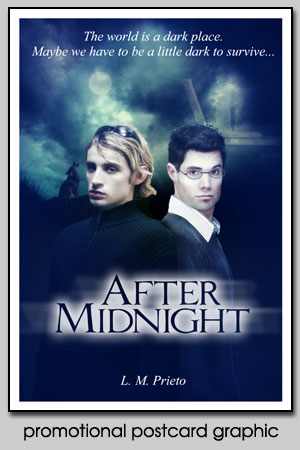 After Midnight promotional postcard graphic for L.M. Prieto